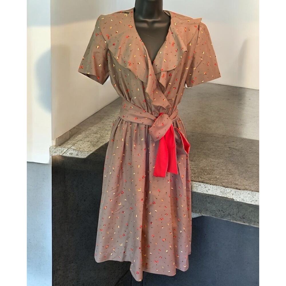 Vintage 70s Yves Jennet Floral Tea Dress Secretary Flare Red Brown Bow Sz 10